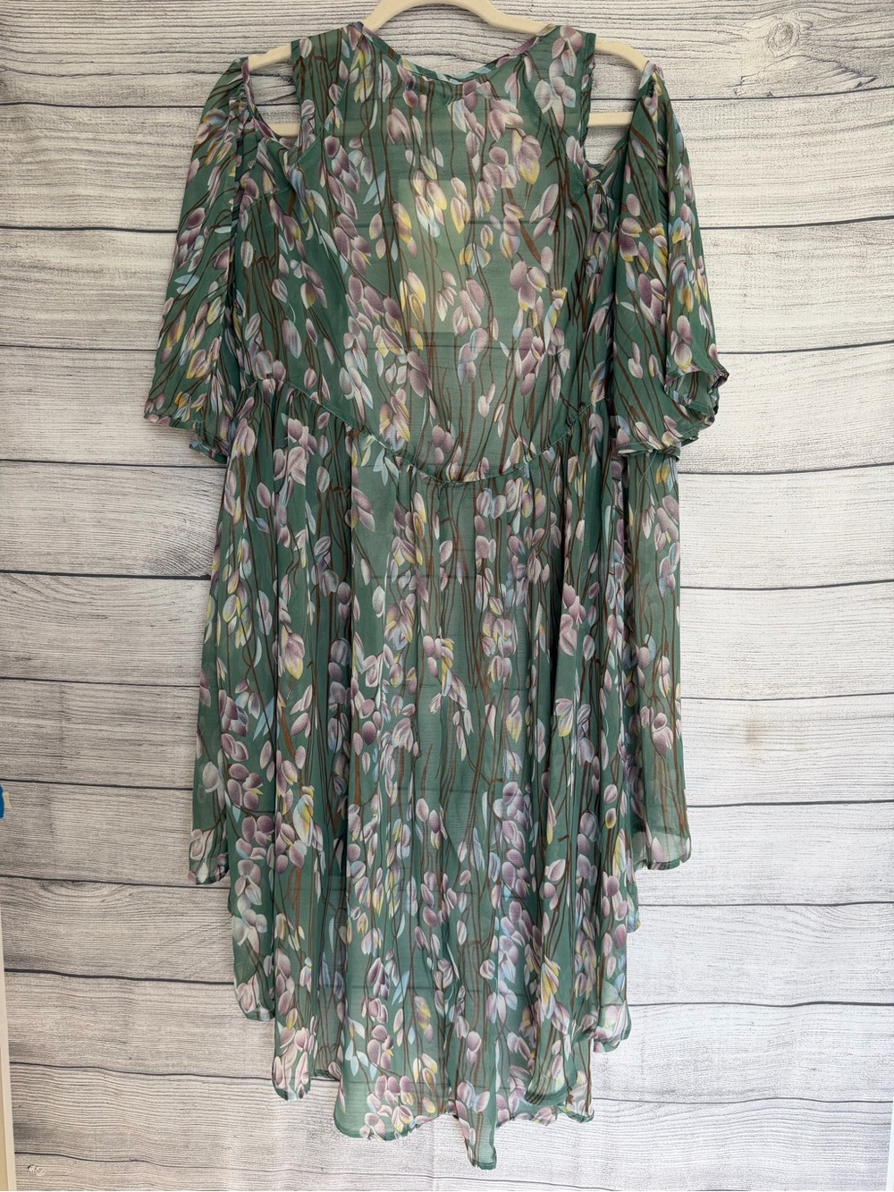 NWT Blu Heaven Floral Sheer Kimono Duster High Low Cold Shoulder Green M - Picture 4 of 7
